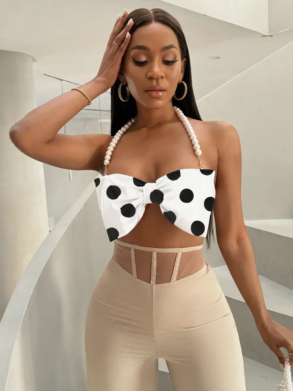 Women's Pure Desire Sexy Hot Girl Polka Dot Halter Pearl Bowknot Strap Vest Hanging Neck Pure Desire Casaul Style Vest IFQ9