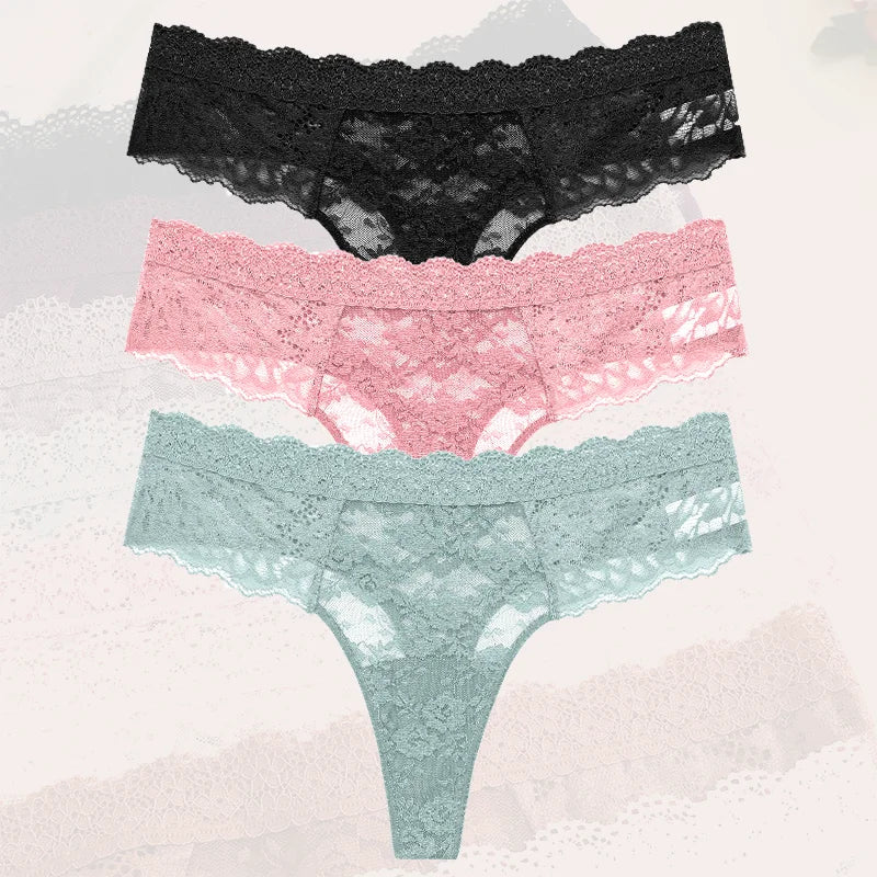 3Pcs Lace Sexy Thongs Women Low-Rise Briefs Sexy Soft Ladies Underwear Trendy Floral Underpants Female Flowery Panty Lingerie
