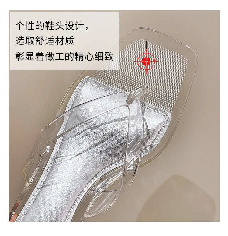 2026 Summer Jelly Shoes Women Fashion Sandals Low Heel Square Toe Girls Street Flip Flops Transparent Color Female Slippers