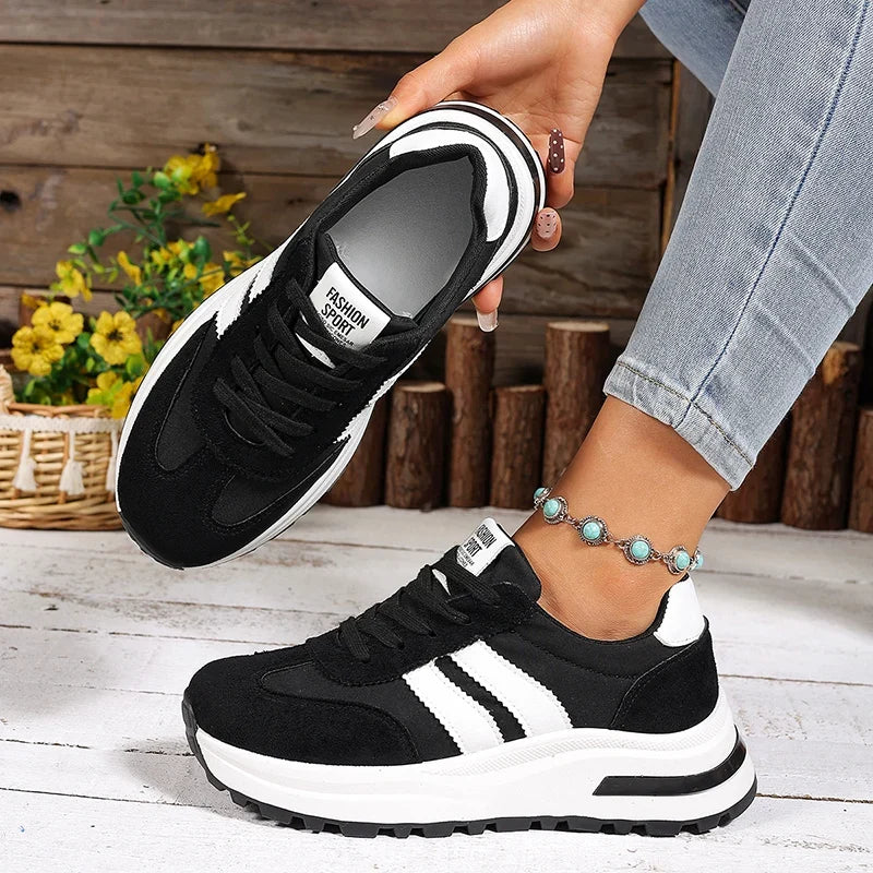 Fashion Stripe Thick Bottom Sneakers Women 2026 Autumn Platform Lace Up Sport Shoes Woman Anti Slip Thick Sole Running Shoes