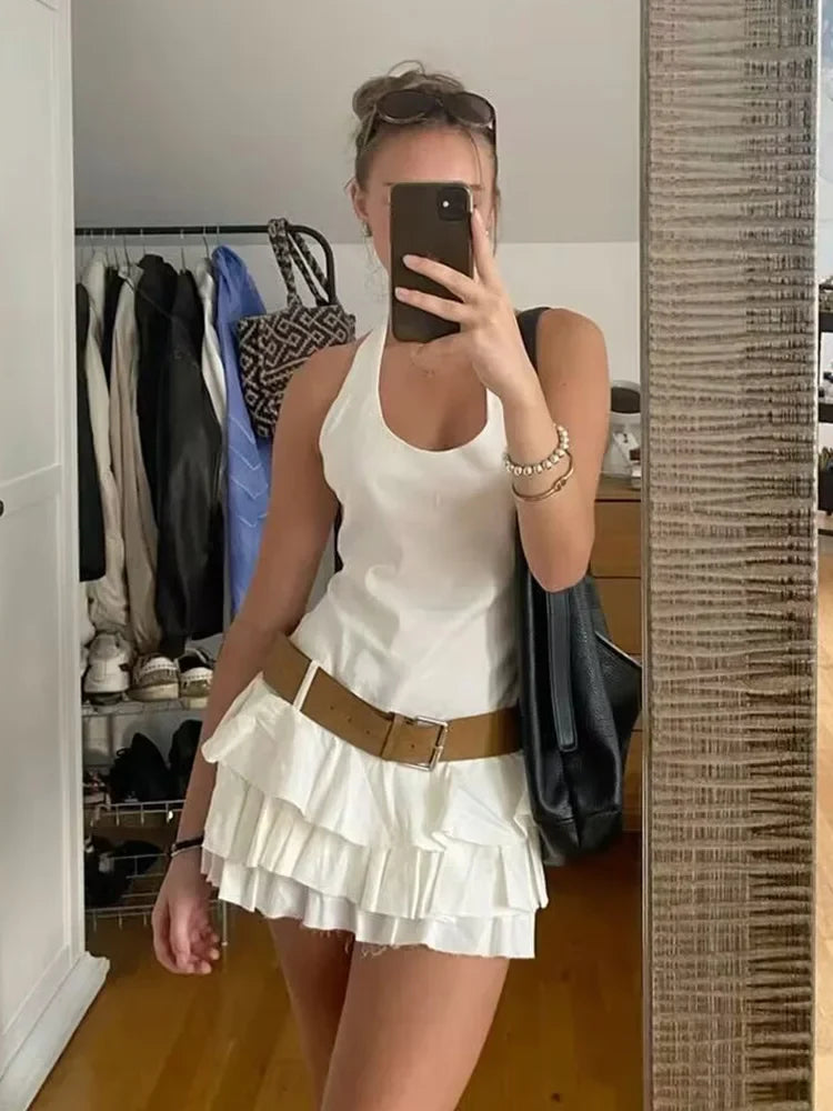 Halter Backless White Summer Women's Dress Sleeveless Beach Boho Short Mini Tierred Dresses with Shorts New Dress with Belt
