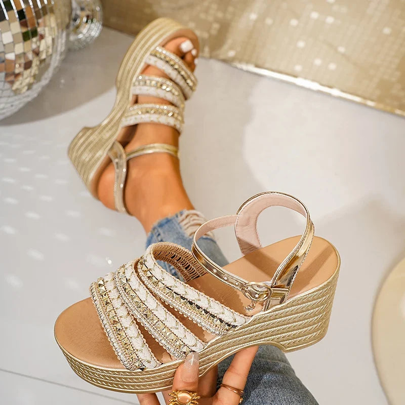 2026 Summer Chunky Heeled Gladiator Sandals Women Ankle Buckle Gold Platform Sandles Woman Plus Size 43 Bohemian Sandalias Mujer