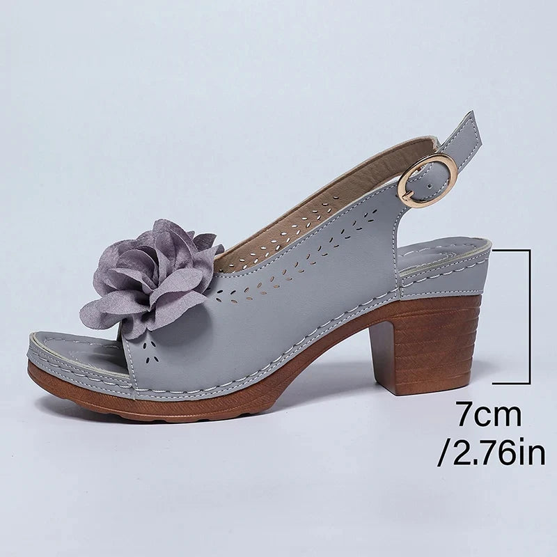 Summer Flower Decor Thick Heeled Sandals Women Plus Size 43 Lightweight High Heel Sandals Woman Back Strap Peep Toe Sandles 2026