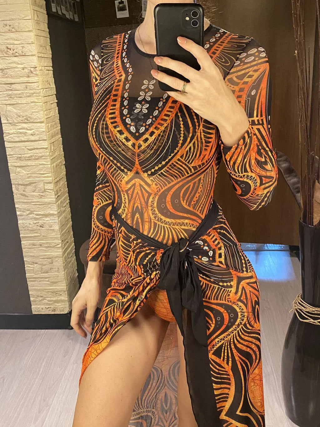 S - XXL 3PCS New Printed Long Sleeve With Pants Sarong Women Swimwear One Piece Swimsuit Female Bather Bathing Suit Swim V7180