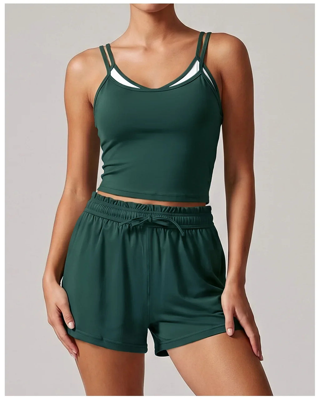 Women's New Summer Yoga Sets Color Blocked Double Strap Workout Tank Top Fitness Suit Drawstring High Waist Short Sport Set