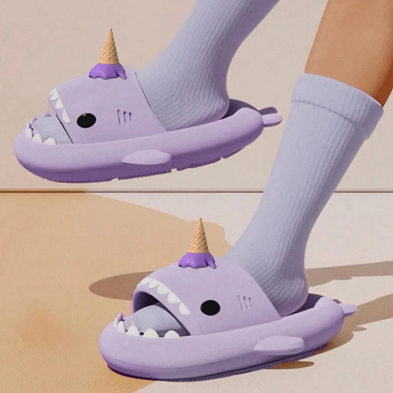 Summer Ice Cream Shark Slippers for Couples Cute Anti-Slip Thick Sole Indoor Bathroom Slides Men Women Beach Street Sandals