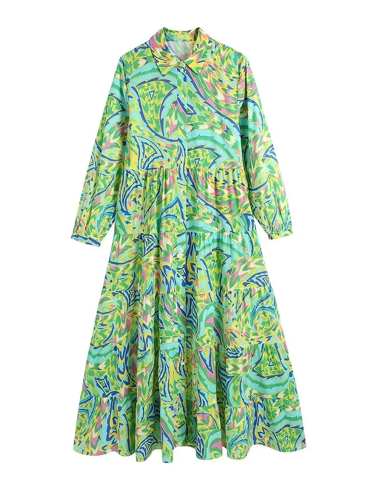 Foridol Paisley Print Shirt Dress Elegant Autumn Spring Green Dress Floral Print Boho Female Maxi Dress Long Sleeve Vestido 2025