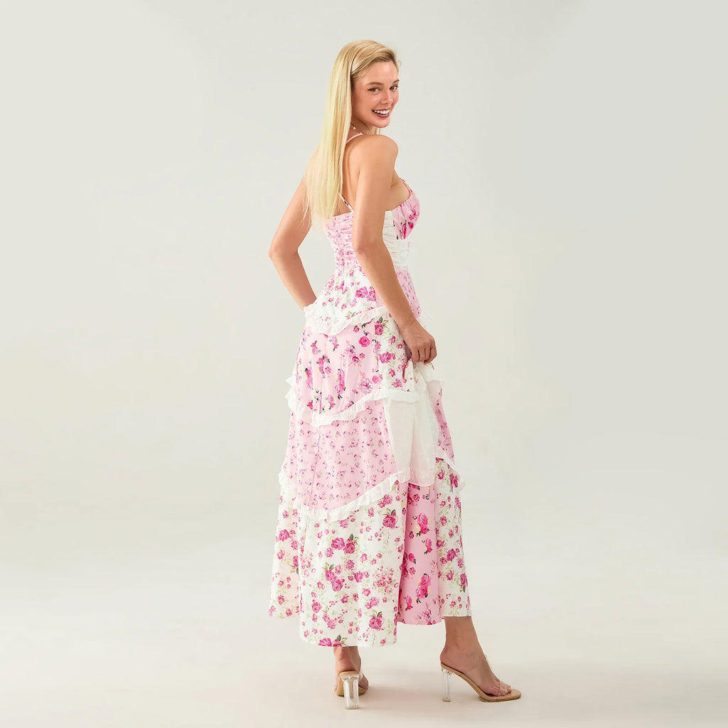 Women's Summer Floral Print Bohemian Long Dress Stylish Lace Patchwork Ruffled Trim Spaghetti Strap V Neck A-Line Dress