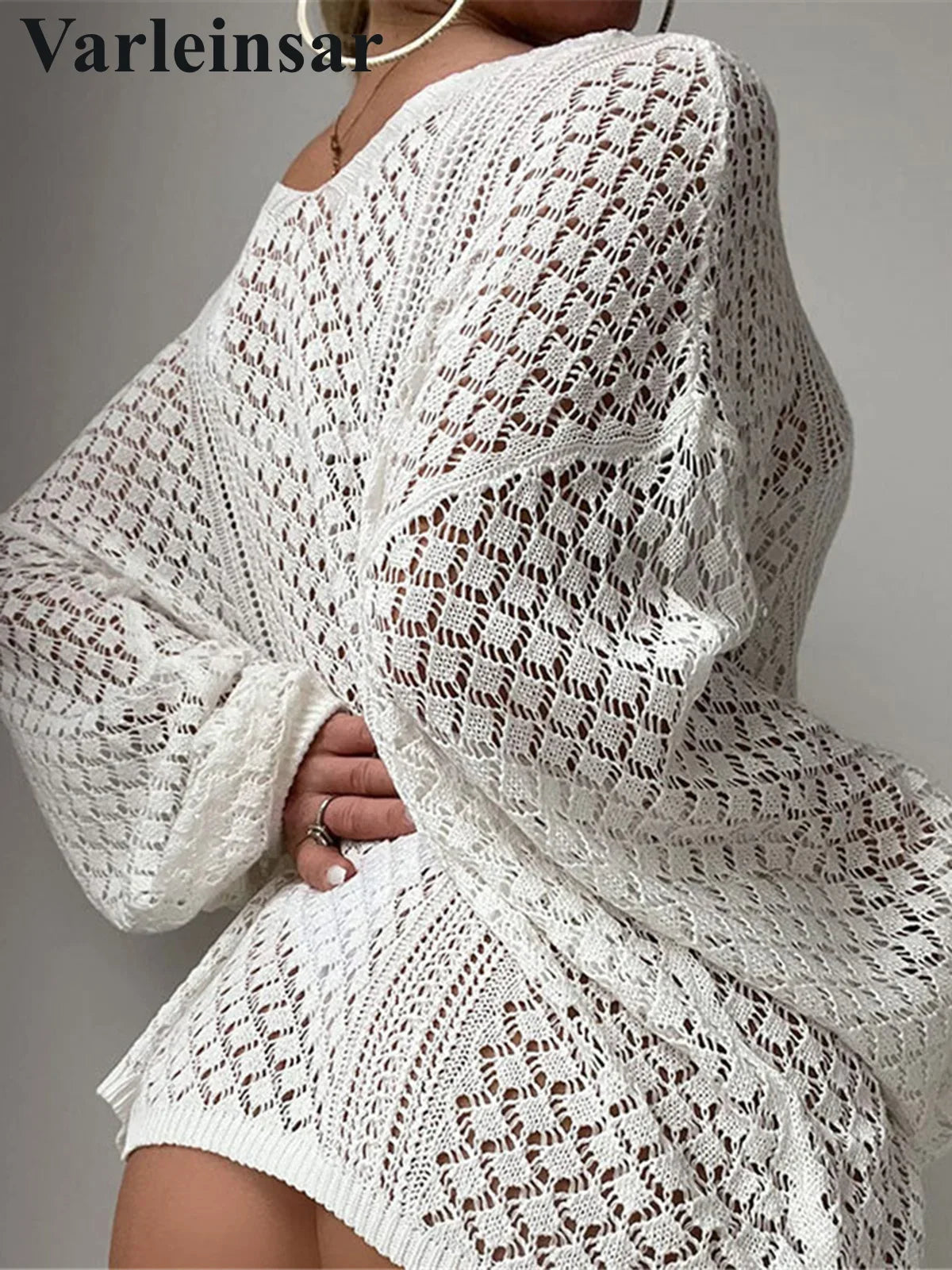 S - XL New V Neck Long Sleeve Crochet Knitted Tunic Beach Cover Up Cover-ups Beach Dress Beach Wear Beachwear Female Women V8284
