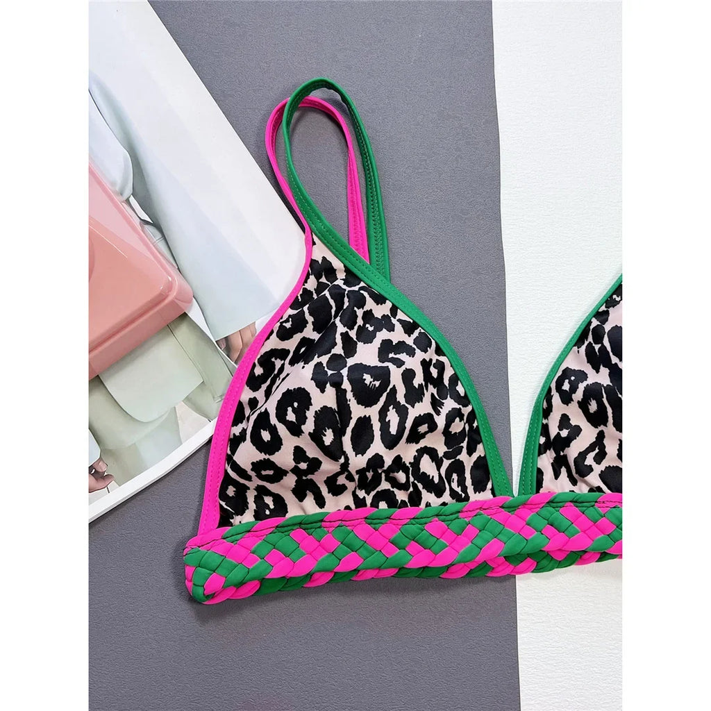 Leopard Printed Splicing High Leg Cut Bikini Female Swimsuit Women Swimwear Two-Pieces Bikini Set Bather Bathing Suit Swim V5836
