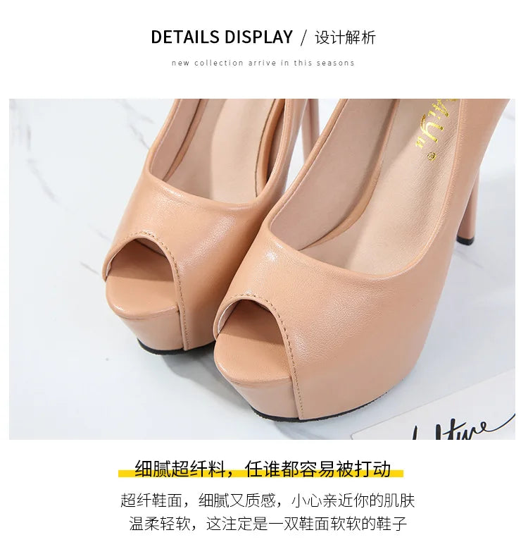10/12/14cm Super High Heels Women Fashion Leather Shoes Spring Fall Peep Toe Platform Party Nude Black Office Dress Pumps Female