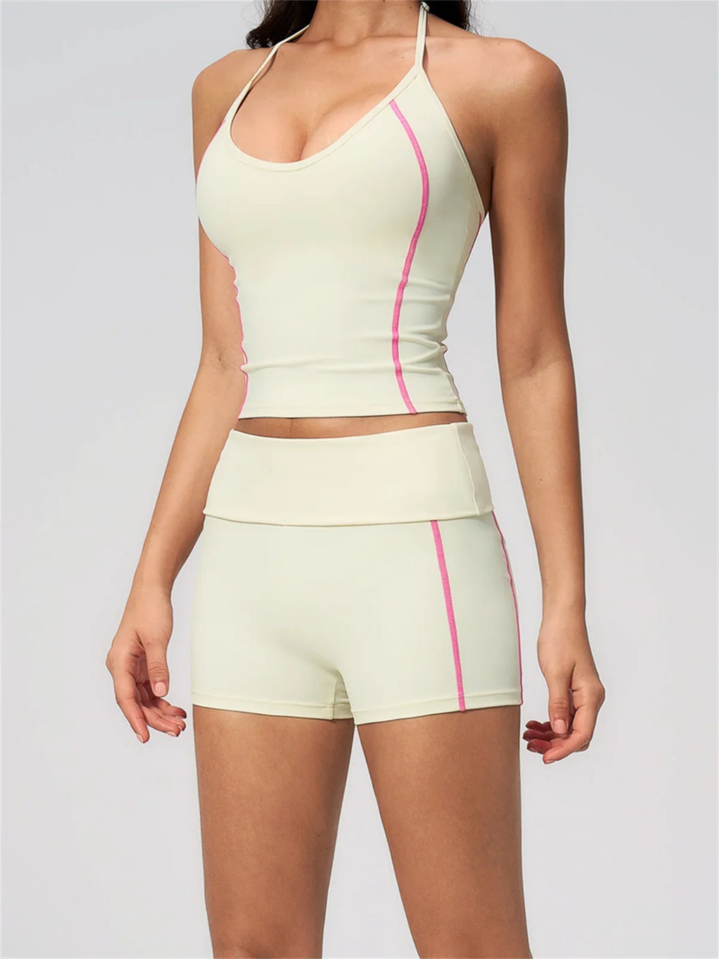 2PCS Women Yoga Sets Color Contrast Hanging Neck V Neck Slimming Sports Tank Top Flip High Waist Shorts Gym Running Fitness Suit
