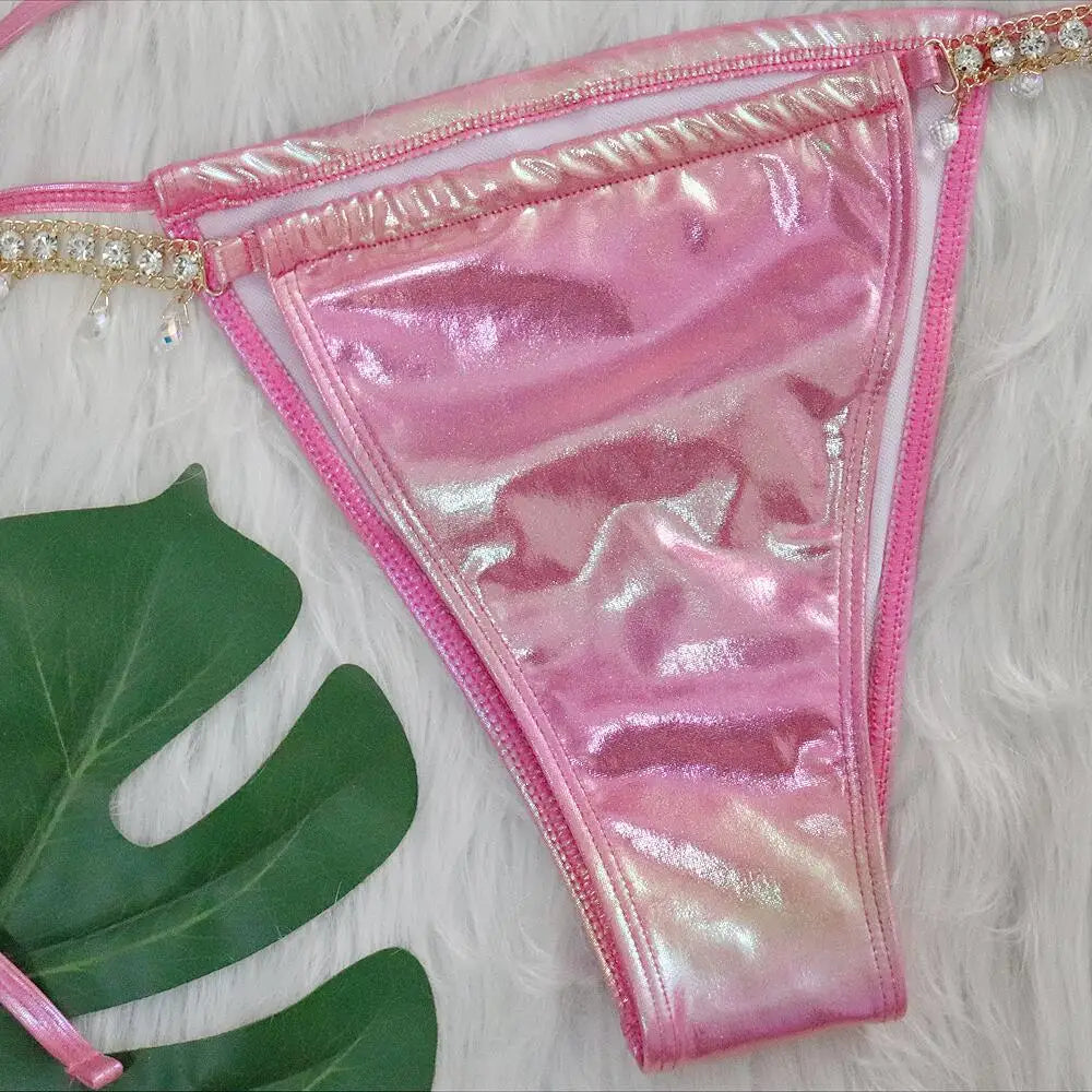 DEKA Shiny Diamond Chain Bikinis Set Mujer Two Pieces Crystal diamond Swimsuit Women Thong Swimwear Sexy Halter Swimsuit