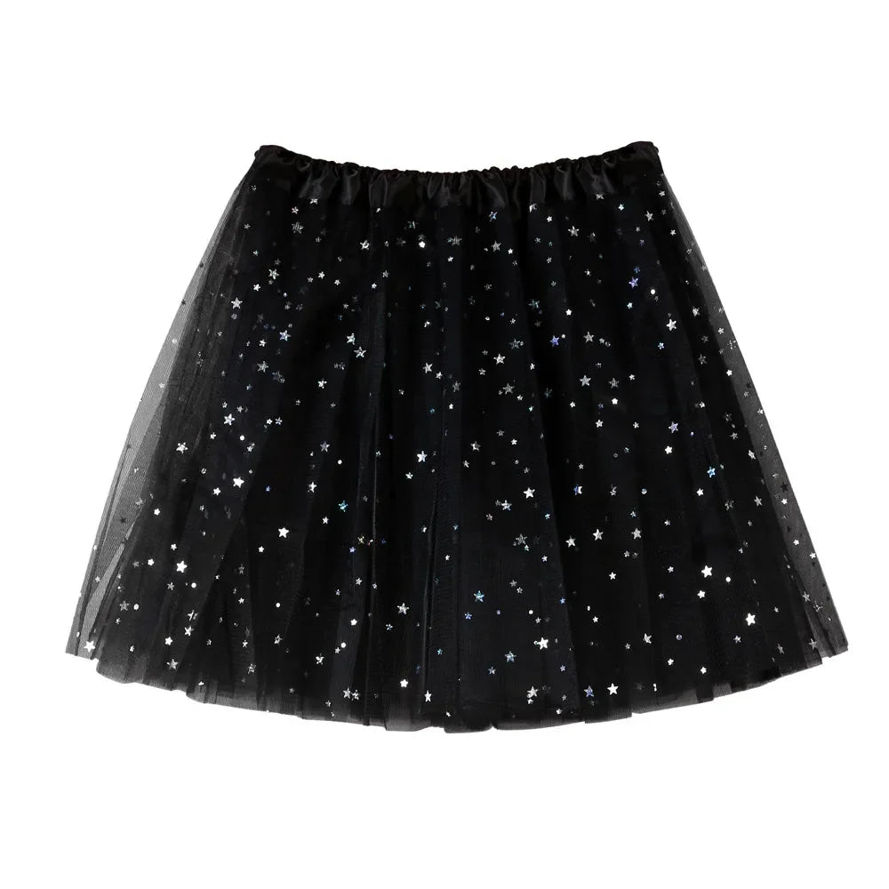 Womens Summer New Tulle Tutu Skirt Elastic Waist Silver Star Print Layered Mesh Mini Skirt Fluffy Carnival Party Dance Skirts