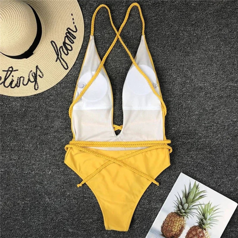 Sexy Deep V Neck Wrap Around Female Swimwear One Piece Swimsuit Women Backless Monokini High Leg Cut Bathing Suit Swim Beachwear