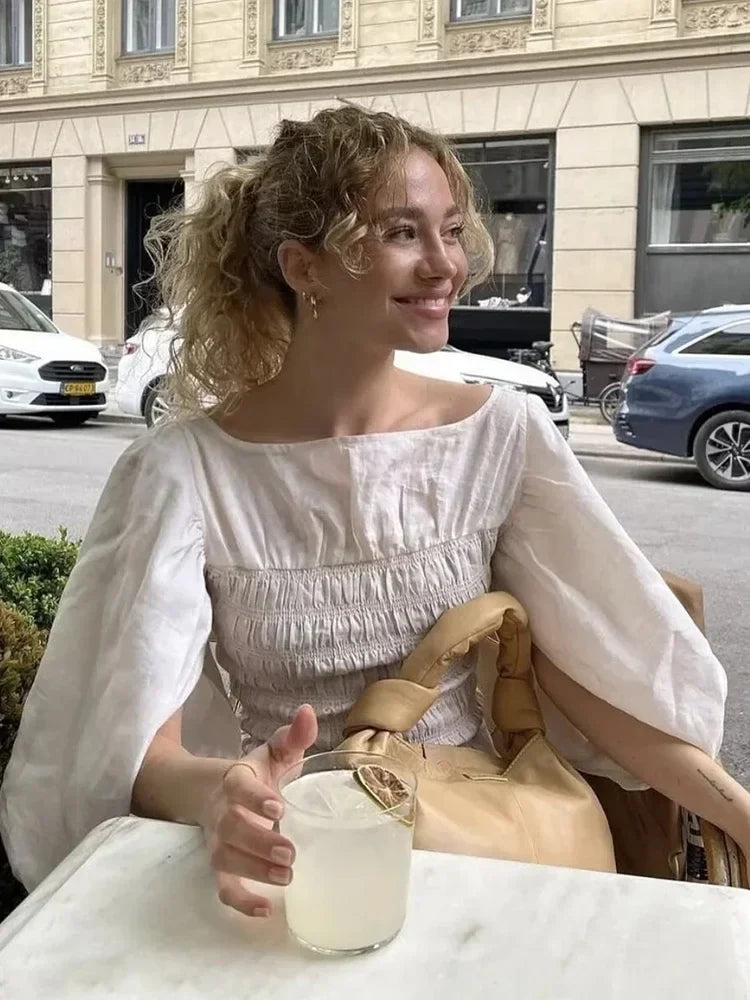 Foridol White Summer Linen Women Blouse Off Shoulder Lantern Sleeve Short Blouse Top 2025 Spring Smocked Pelpum Top New