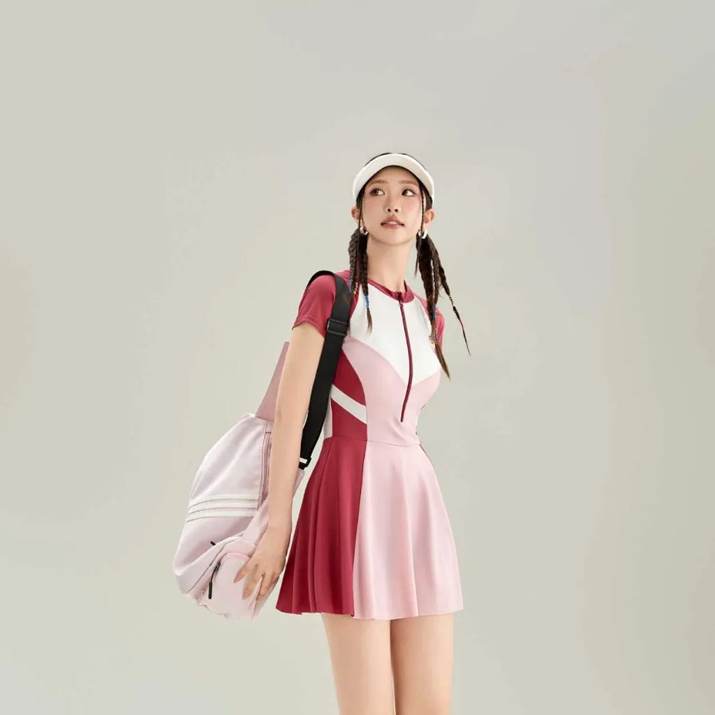 New Sports One-piece Fashionable Swimsuit for Women, Color Blocked High Waist, Belly Covering, Slimming Skirt, Vacation Swimsuit