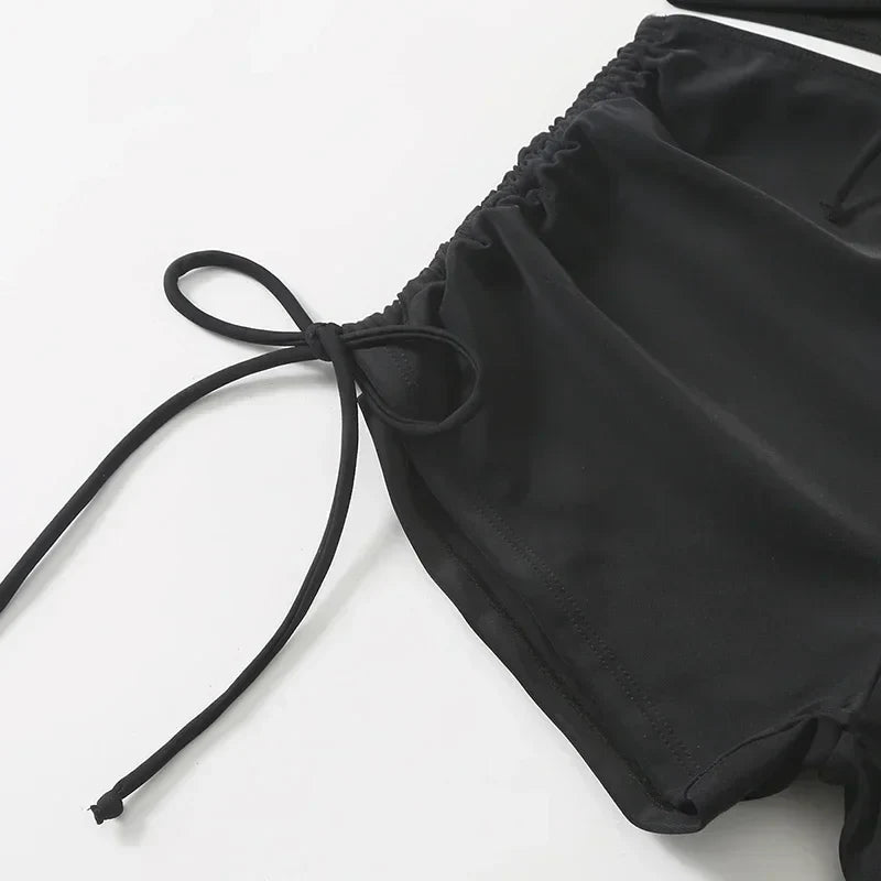 Black Drawstring Swimwear Bikinis Sets Mujer 2026 Crop Top Shorts Bottom Swimsuit Women Sexy Bathing Suit Beachwear Bikini Swim