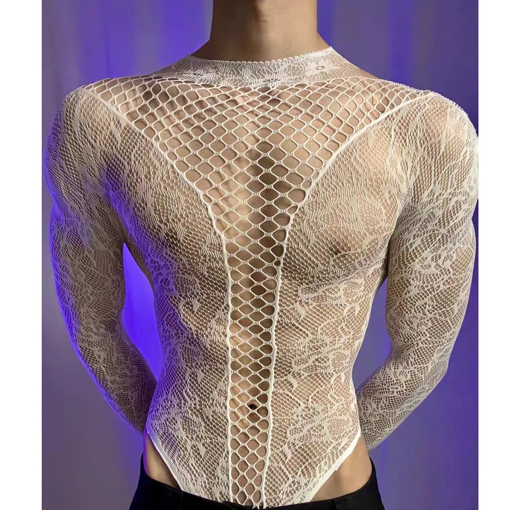 New American Style Fashion Men Vests Tops Crew Neck Sexy Hollow  Mesh Bodysuit Casual  Long Sleeve Tank Clubwear Party Costume
