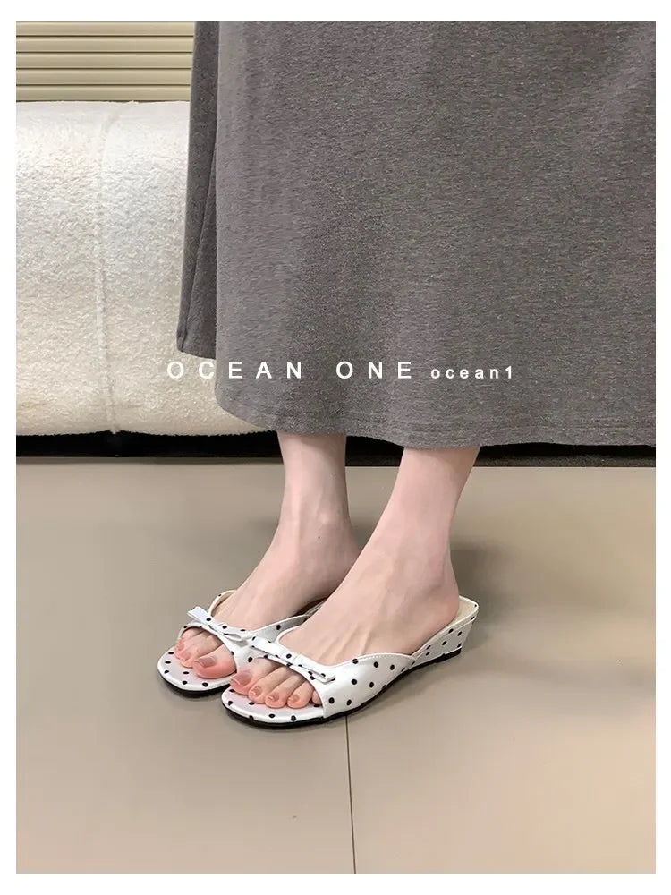2026 New Polka Dot Wedges Heels Women Slippers Fashion Open Toe Butterfly-knot Party Dress Slide Summer Outdoor Daily Wear Shoes