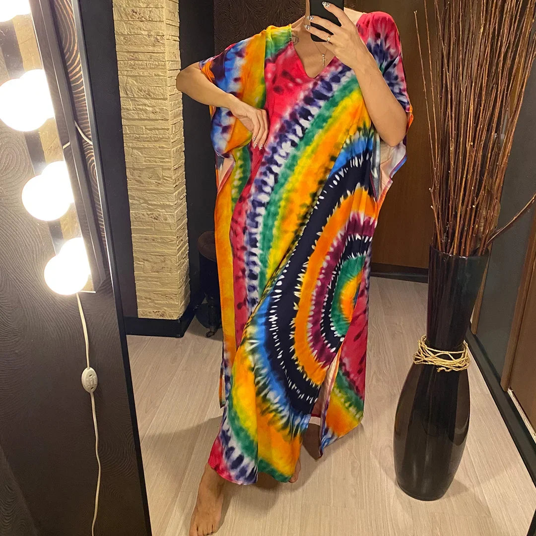 2026 New Colorful Kaftan Tunic Beach Dress Beach Wear Beachwear Beach Cover Up Cover-upsLoose Maxi Dress Female Women V4428