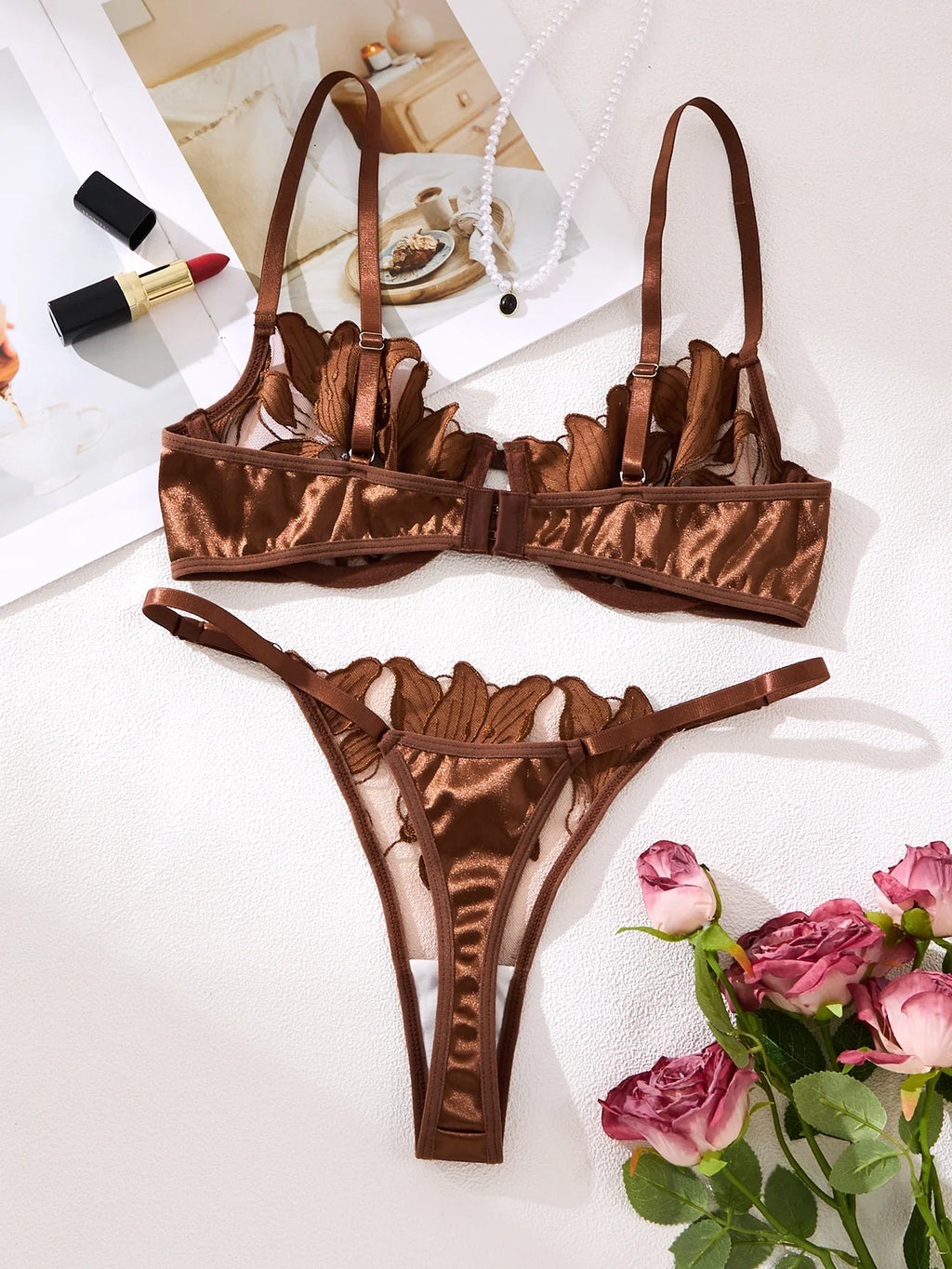 French-Style Floral Embroidered Lace Lingerie Set, Sexy and Soft Steel-Bra-Cupped Supportive Bra, Valentine's Day Party ZA825031
