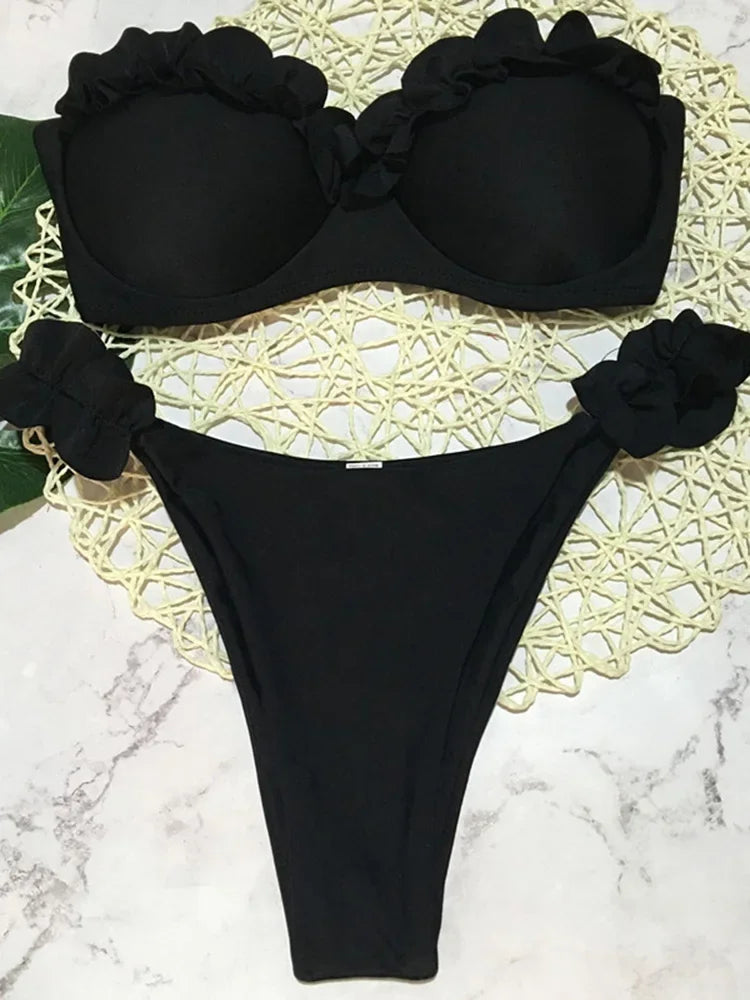 Sexy Leopard Ruffled Bra Cup Bikini 2025 Women Bandeau Swimsuit Female Swimwear Two Pieces Bikini Set High Cut Bathing Suit Swim