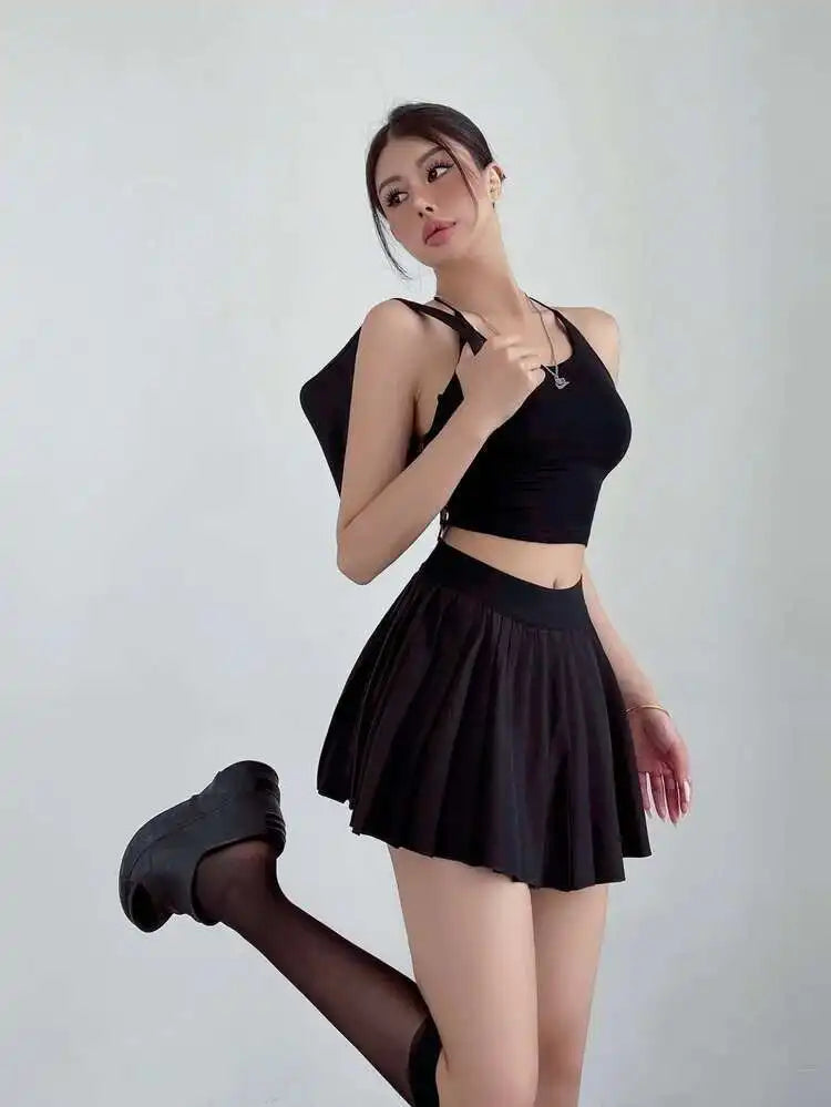 Preppy WOMENGAGA American Style Style High Waisted Slim Pleated Skirt For Women's Summer Ballet Skirt Fashion Women QI9Y