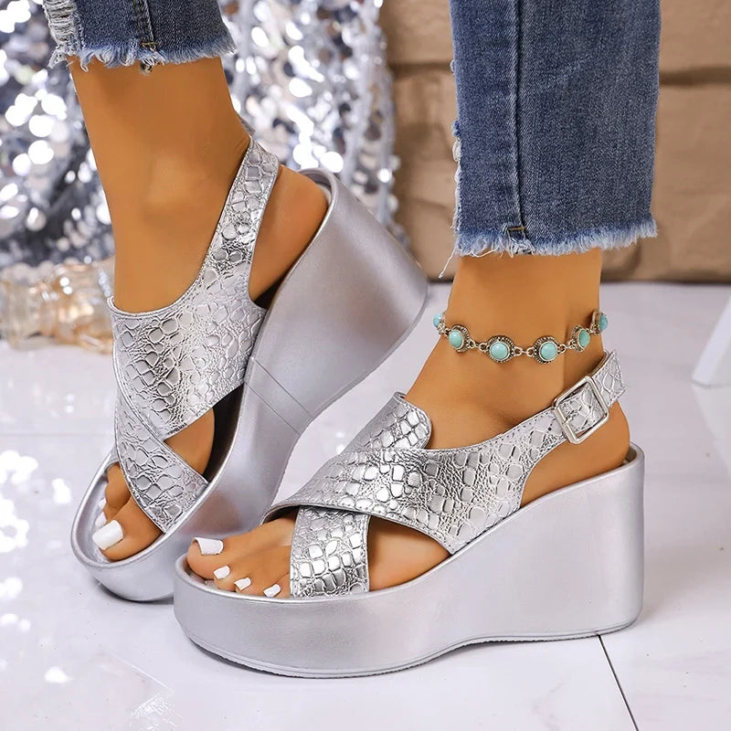 Gold Snake Pattern Wedge Heeled Sandals Women 2026 Summer Chunky Platform Sandles Woman Thick Bottom Back Strap Rome Sandalias