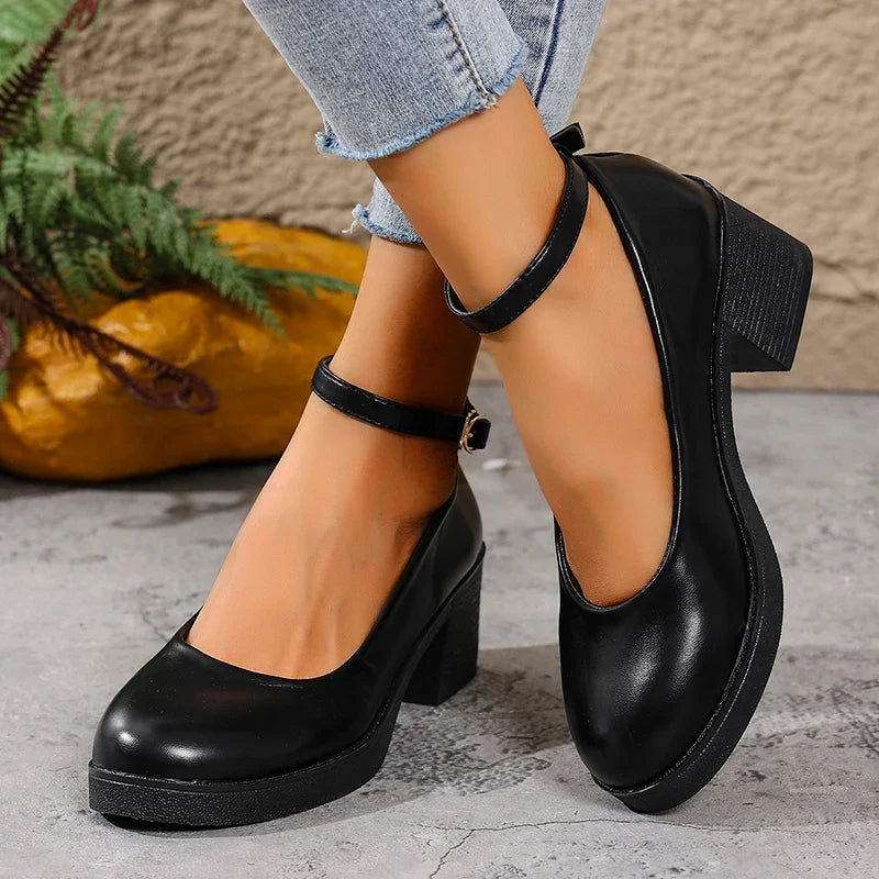 Black Thick Heeled Mary Jane Shoes Women Plus Size 42 Ankle Buckle Platform Pumps Woman Office Pu Leather High Heels Shoes Mujer