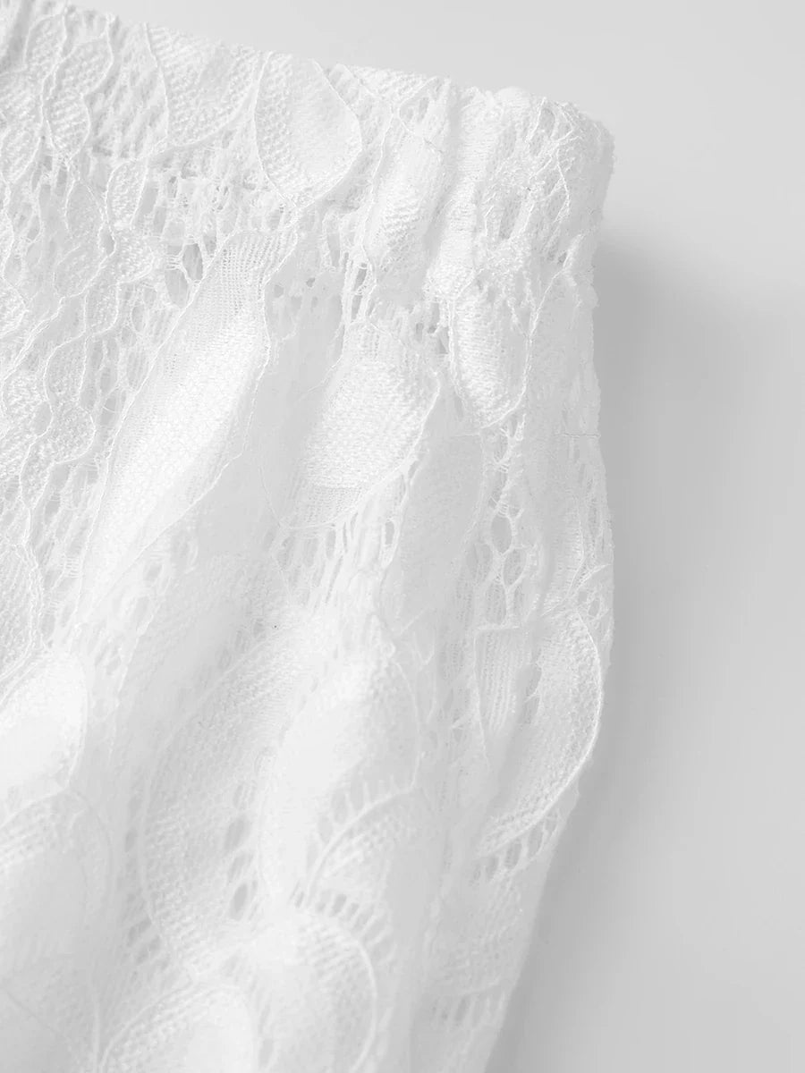 Women Summer Lace Ruffle Capri Leggings Solid Color Sheer Mesh Elastic High Waist See Through Pants
