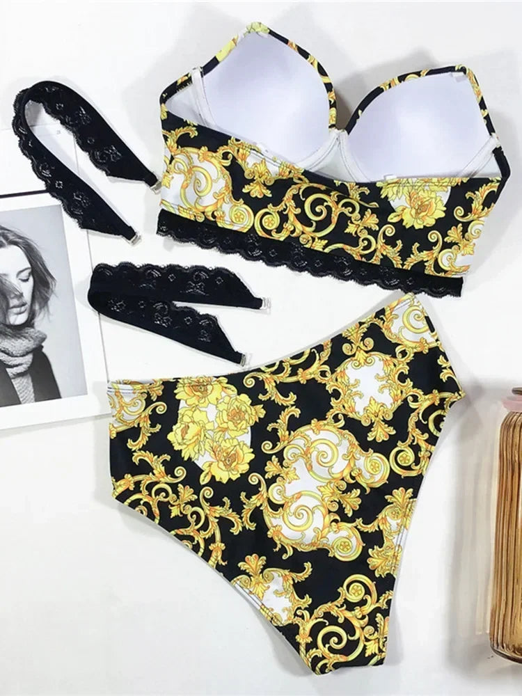 Printed Bra Cup Bandeau Bikinis Female Swimsuit High Waist Bikini Women Swimwear Two Pieces Bikini Set Push Up Bathing Suit Swim