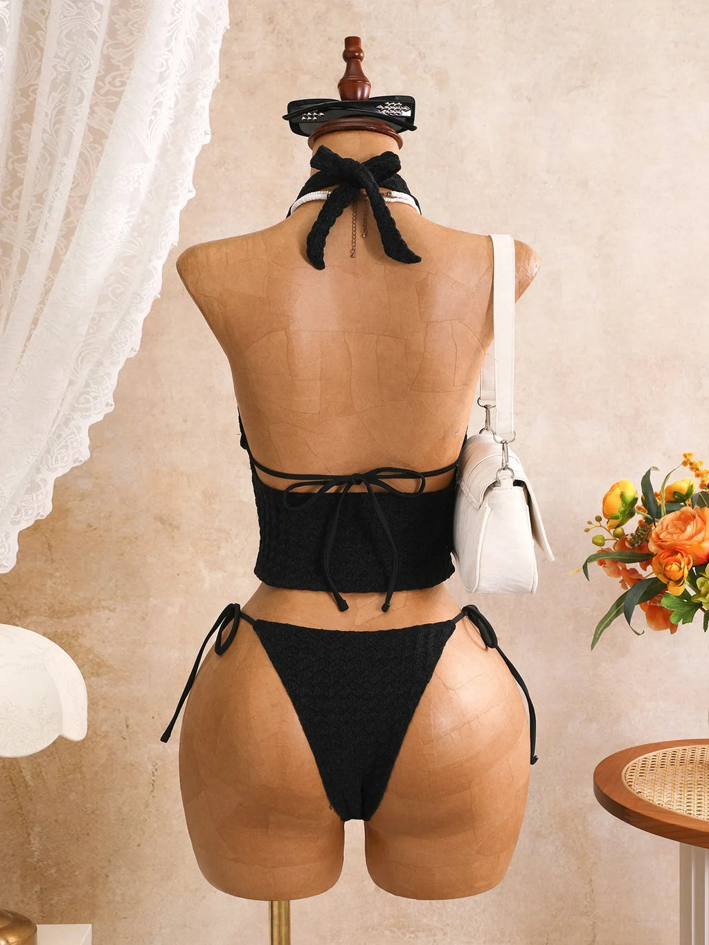 Sexy Black Plaid Print Holiday Bikinis Sets 2026 Women Bandage Cross Fishbone Top 3 Piece Swimsuit Summer Bathing Suit Swimwear