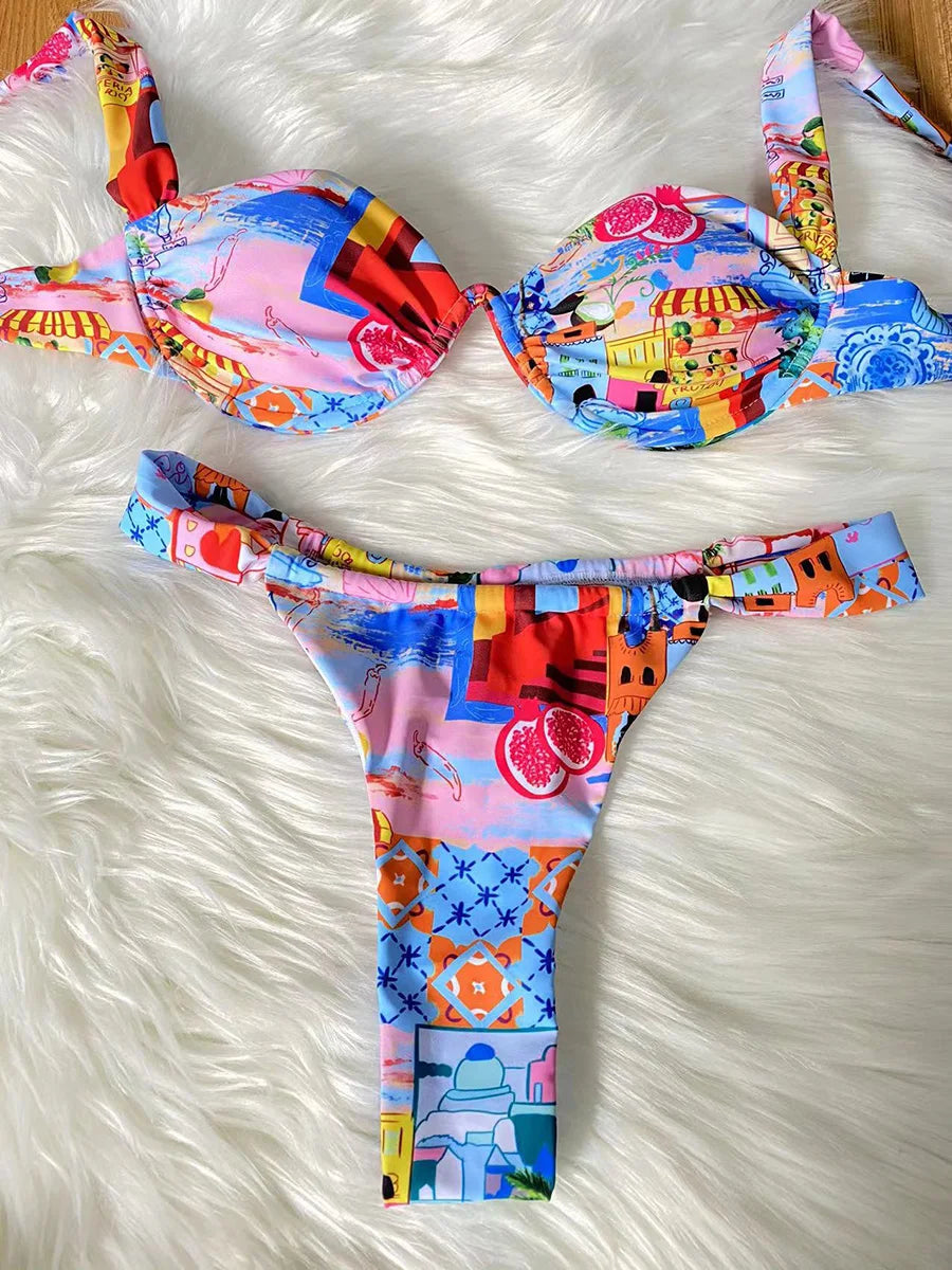 Printed Mini Thong V-bar Underwired Bikini Female Swimsuit Women Swimwear Two-pieces Bikini Set High Cut Bathing Suit Swim Lady