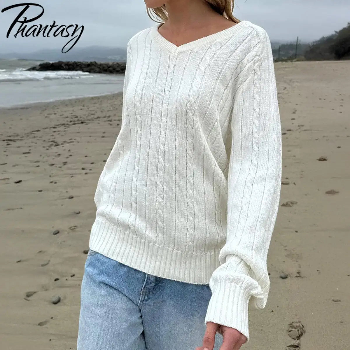 Phantasy Retro Solid Color Sweater Winter Women's V-Neck Casual Simple Loose Knit Sweater Trendy Spring Autumn Winter Sweater