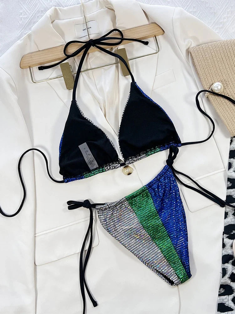 Zebra Print Halter micro Bikini 2025 women Bandeau String Swimsuit Female swimwear Neon Shiny bikini set Leopard Bathing Suit