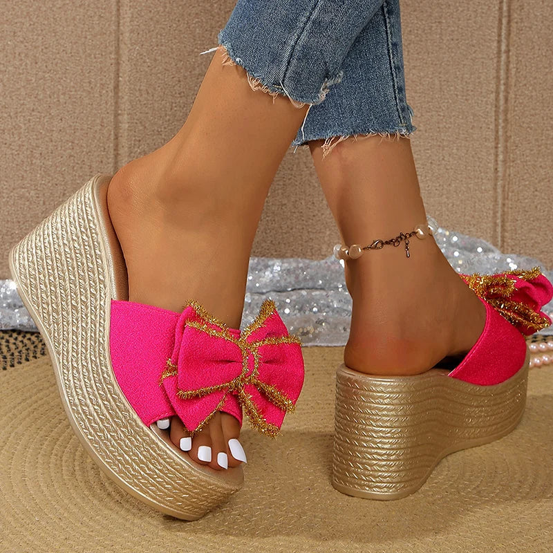 Street Bow Knot Chunky Platform Slippers Women Fashion Round Toe High Heel Sandals Woman Plus Size Wear-Resistant Slides Mujer