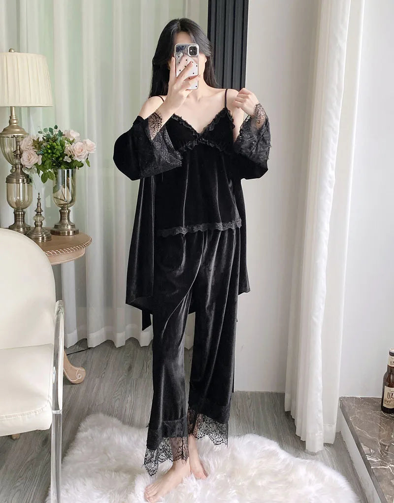Gold velvet three-piece pajamas set, autumn and winter lace nightgown, sexy home wear with chest pad