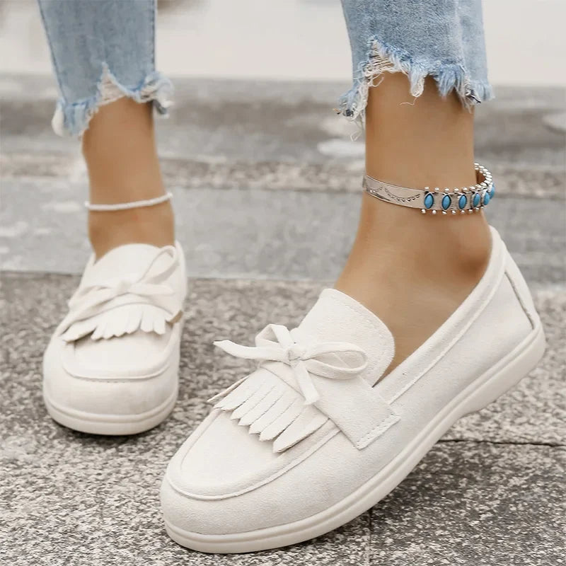 Retro Tassel Bowknot Flats Shoes Women Solid Color Faux Suede Flat Shoes Woman Wear Resistant Plus Size 36-43 Casual Shoes Lady