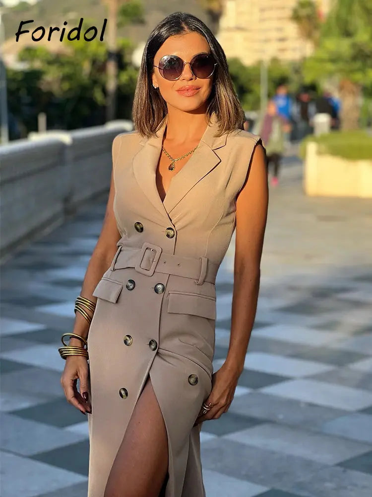 Foridol Khaki Double Breasted Sleeveless Office Windbreaker Style Dress Turn Down Collar Lady Elegenta Vintage Belt New Vestidos