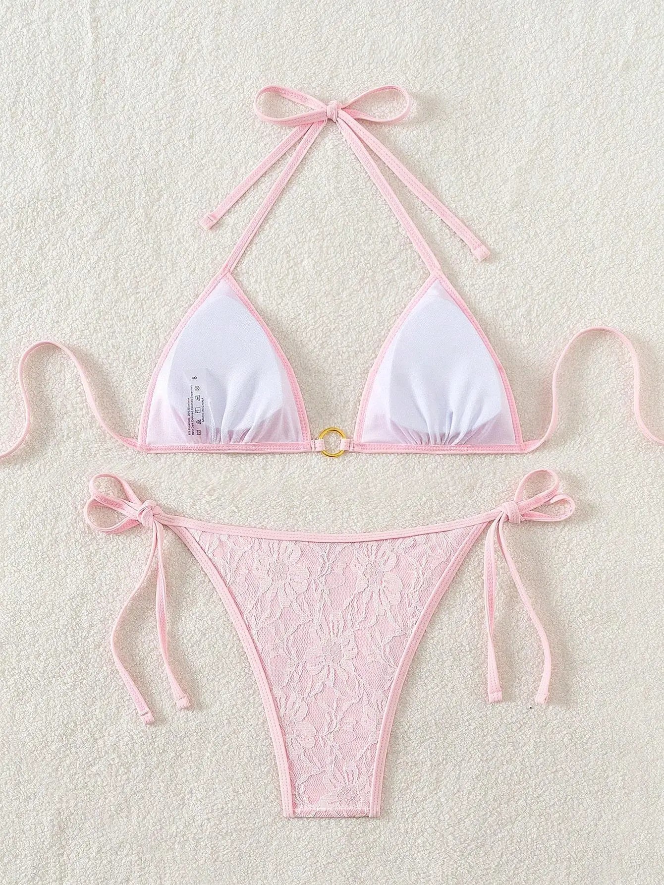 Embroidery Mesh Lace Halter Bikini Female Swimsuit Women Swimwear Two-pieces Bikini Set High Cut Bathing Suit Swim Beach Wear