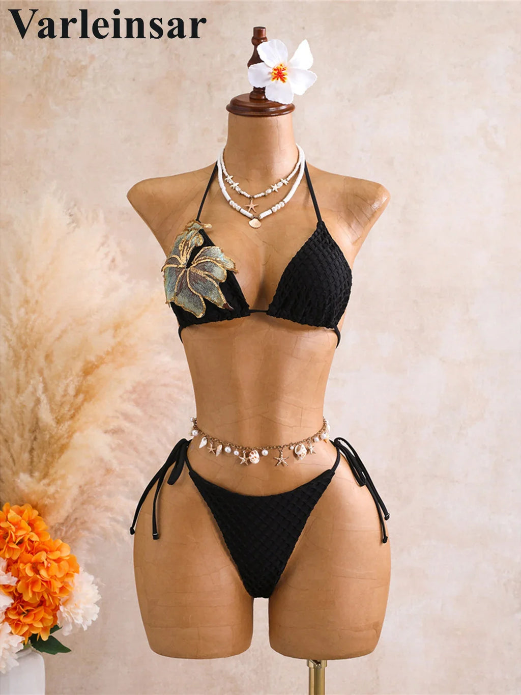 With Skirt 3D Flower Halter Bikini Women Swimwear Female Swimsuit Three-Pieces Bikini Set Padded Bather Bathing Suit Swim  V8346