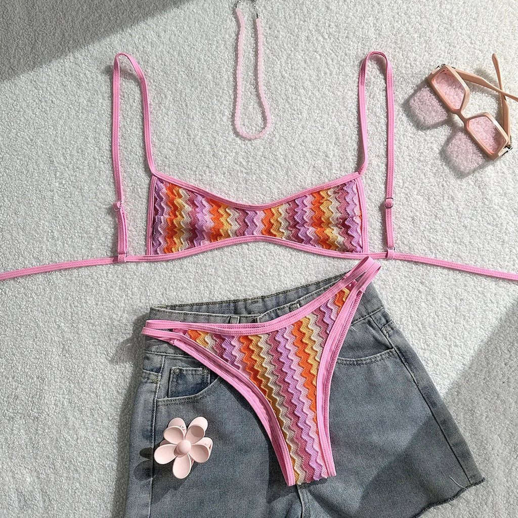Crochet Striped Brazilian Bikini Women Swimsuit Female Swimwear Two-pieces Bikini Set High Leg Cut Bather Bathing Suit Swim Lady