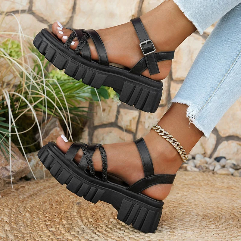Fashion Woven Strap Platform Sandles Women Pu Leather Ankle Buckle Thick Bottom Sandals Woman Plus Size 43 Gladiator Sandalias