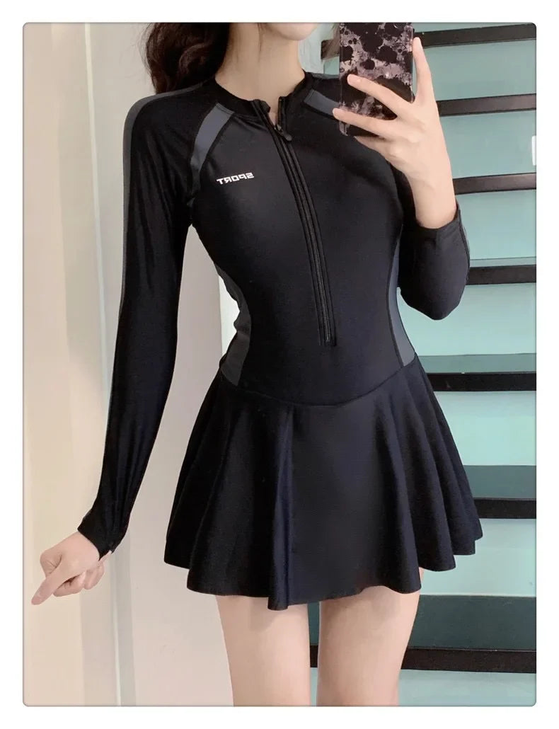 New plus size women's dress one-piece fresh women's swimsuit conservative slim fit long sleeved hot spring swimsuit