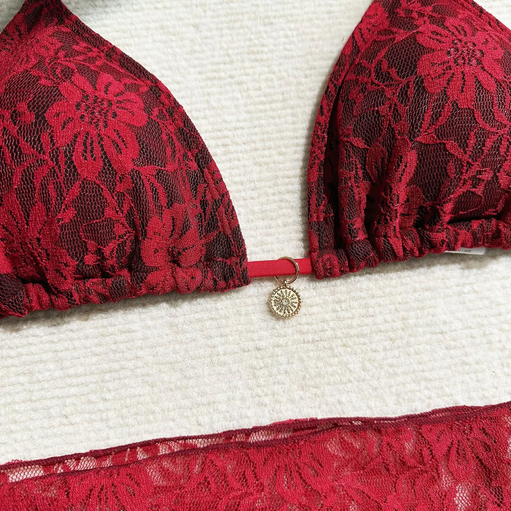 Sexy Lace Micro Mini String Halter Bikinis Sets 3pcs with Cover Skirt Black and Red 2 Color Swimwear Swimsuit Bathing Suit
