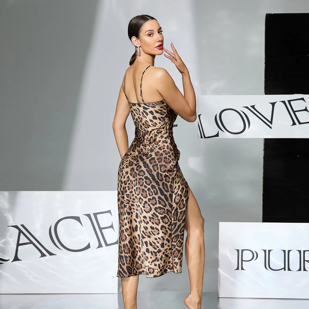 Women Sexy Leopard Print Slip Nightdress Removable Padded Drawstring High Slit Midi Nightgown Loungewear
