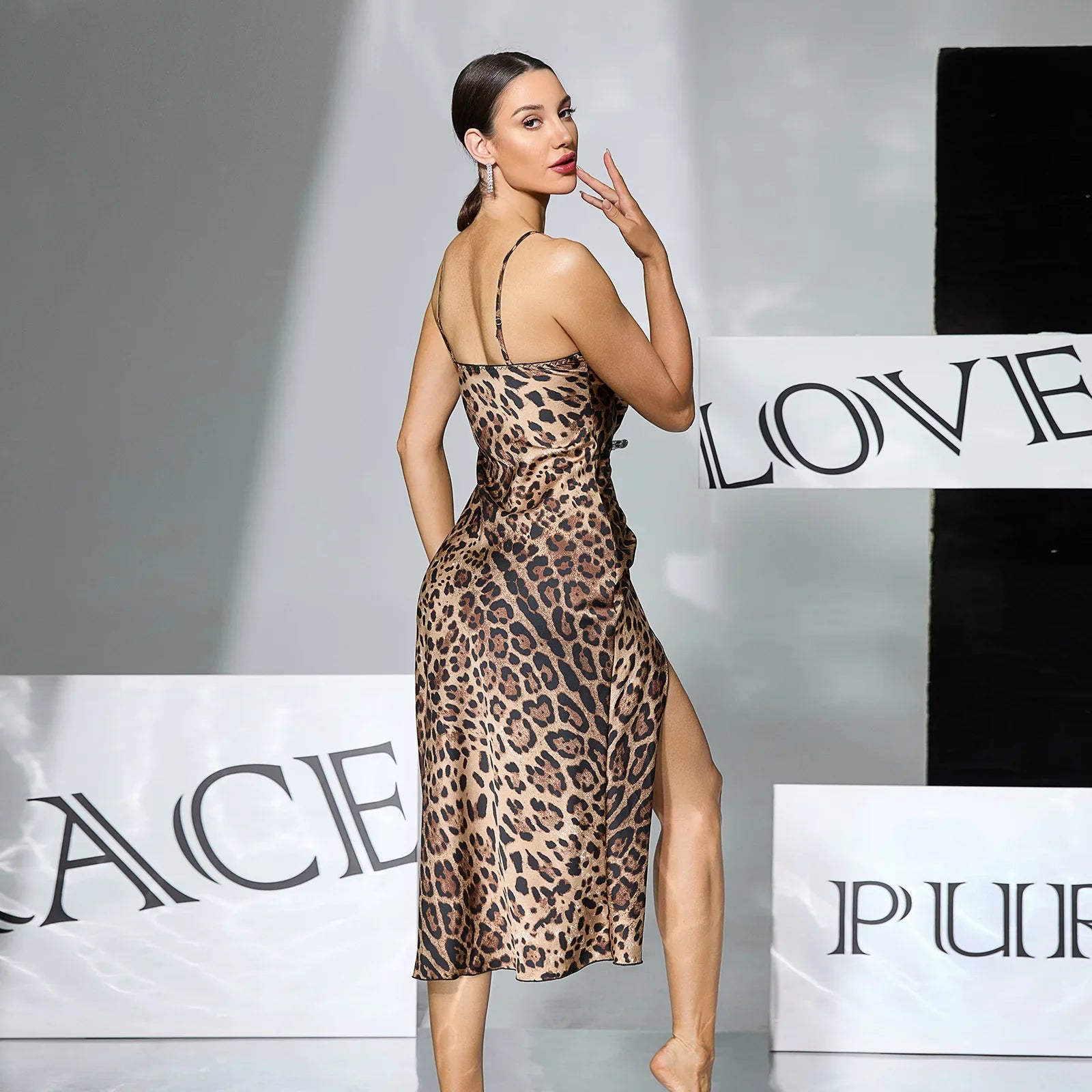 Women Sexy Leopard Print Slip Nightdress Removable Padded Drawstring High Slit Midi Nightgown Loungewear