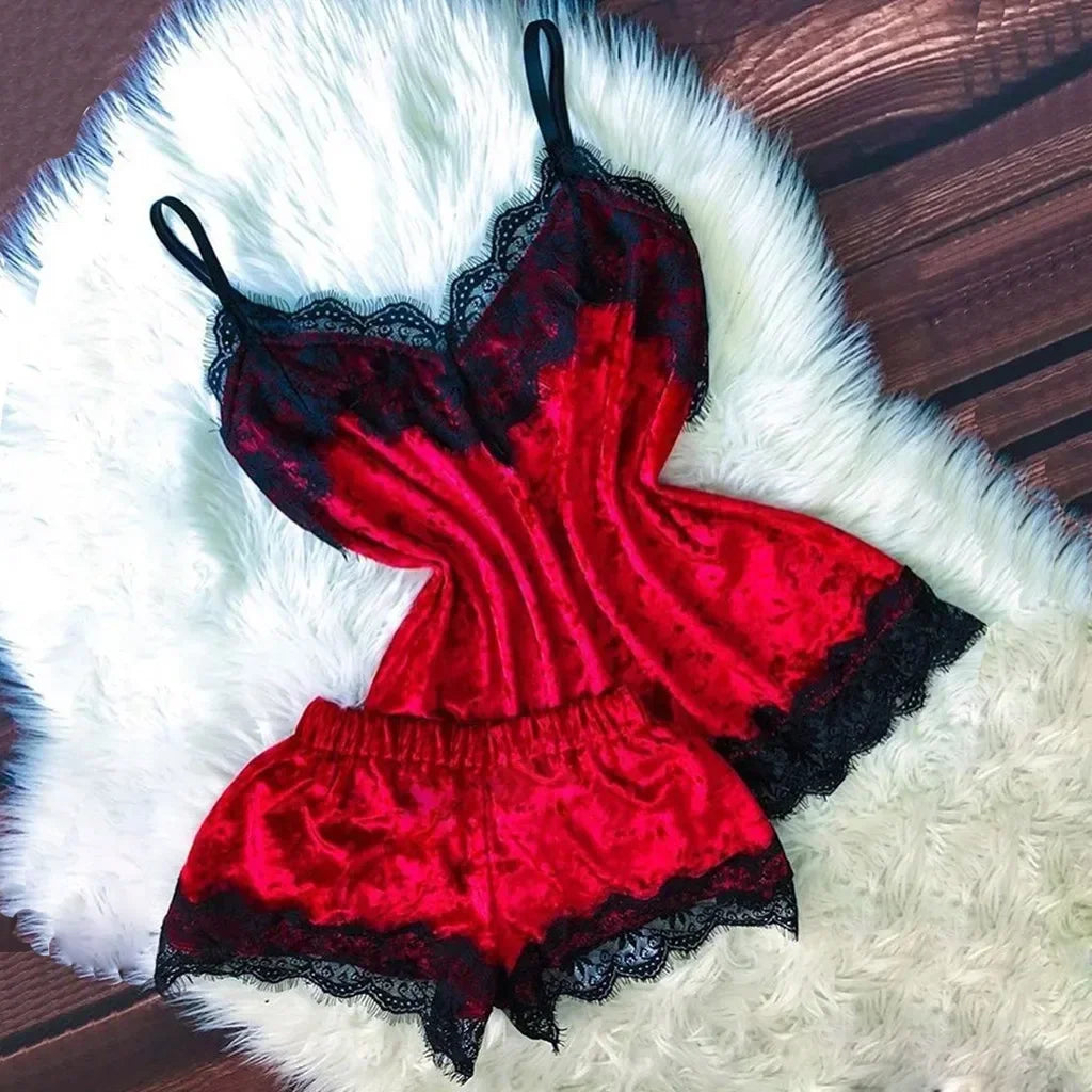 Summer Lace Sleepwear Sexy Satin Pajamas Set Women Nightshirt 2 Pieces Crop Tops and Shorts Set Homewear Loungewear