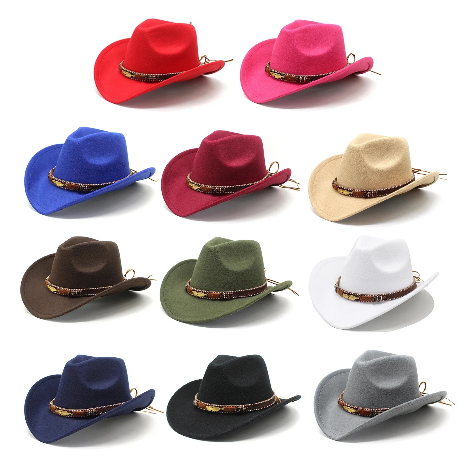 Women Men Wide Brim Floppy Cowboy Hat Western Style Wool Felt Flat Top Cap Classic Vintage Bowler Hat Party
